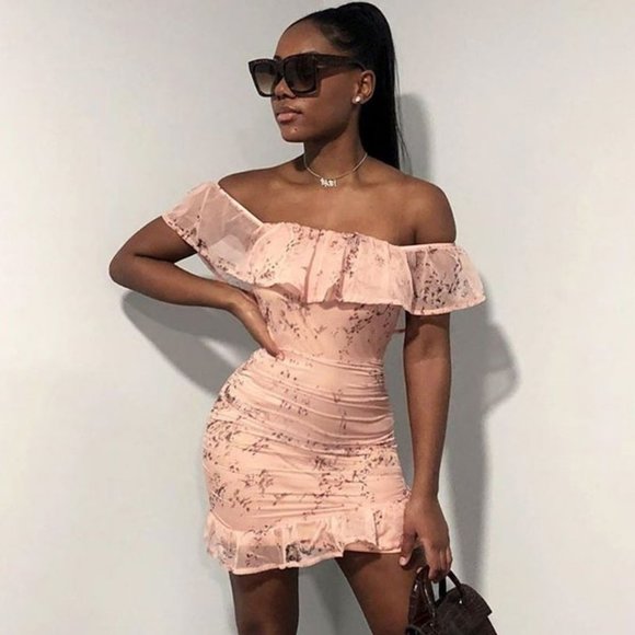 Dresses & Skirts - Floral Off Shoulder Frill Hem Bodycon Mini Dress